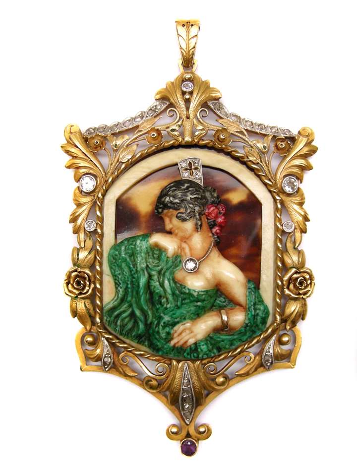 Antique gold and gem set pendant with a flamenco dancer